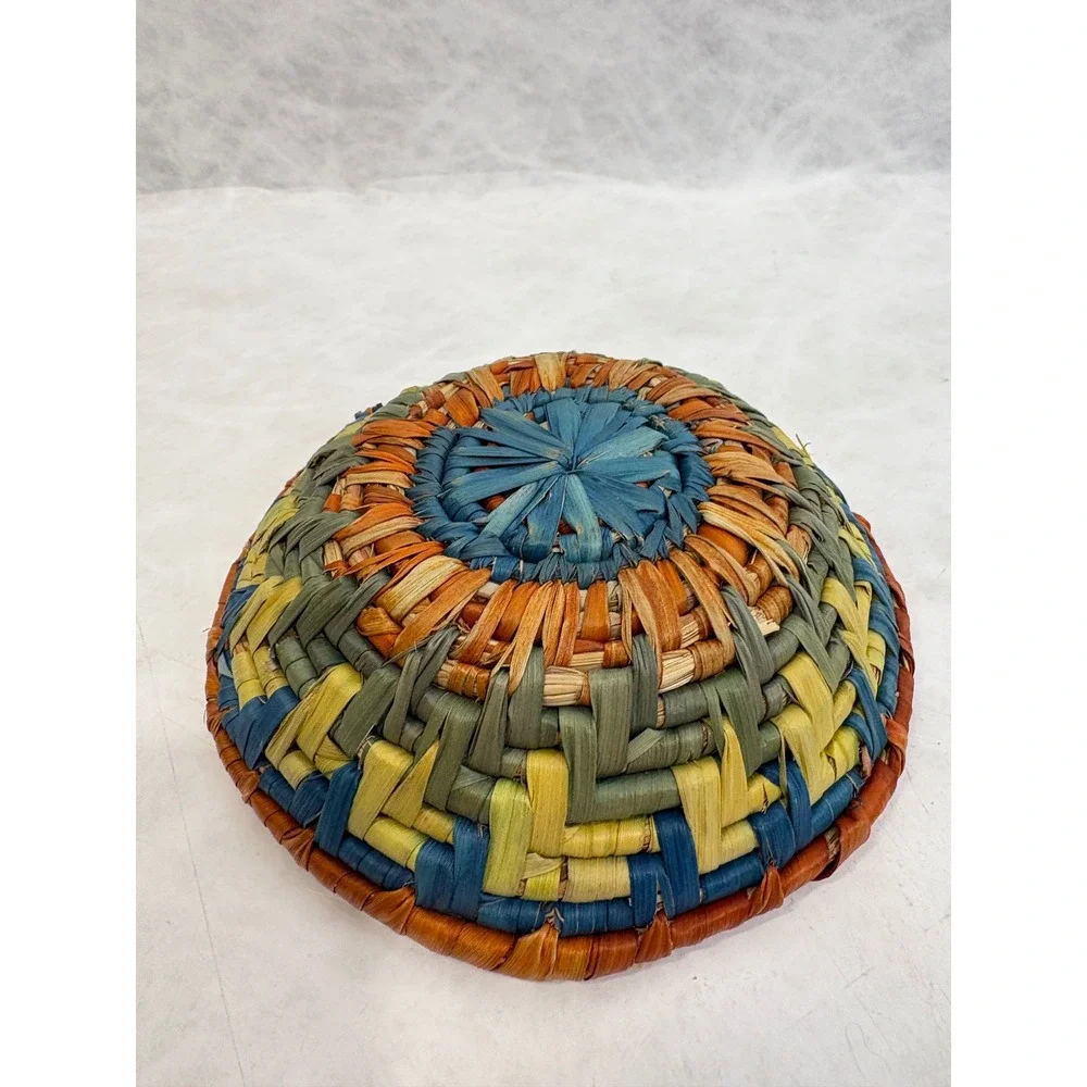 Miniature Handwoven Coiled Basket Bowl Multi Color Boho Decorative Small 4 Inch